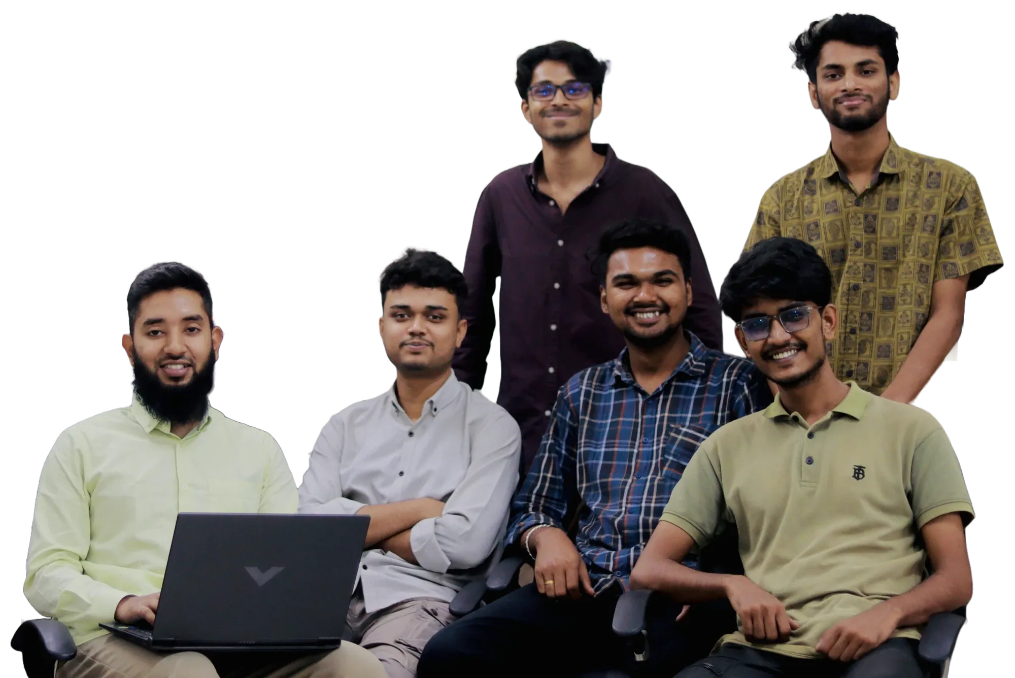 Six members of the Stat.BD team, four seated in front and two standing behind.