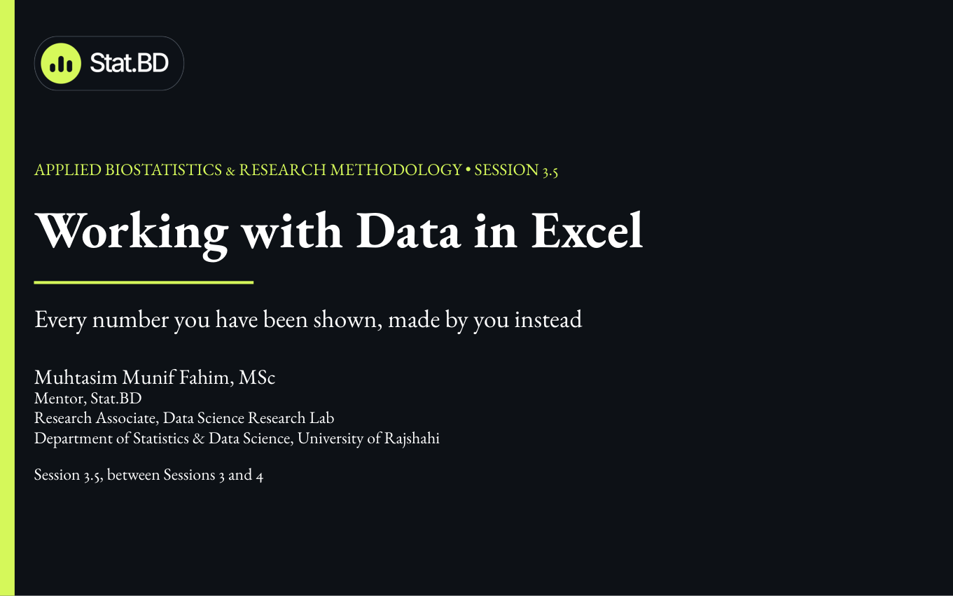 Session 3.5 title slide: Working with Data in Excel.