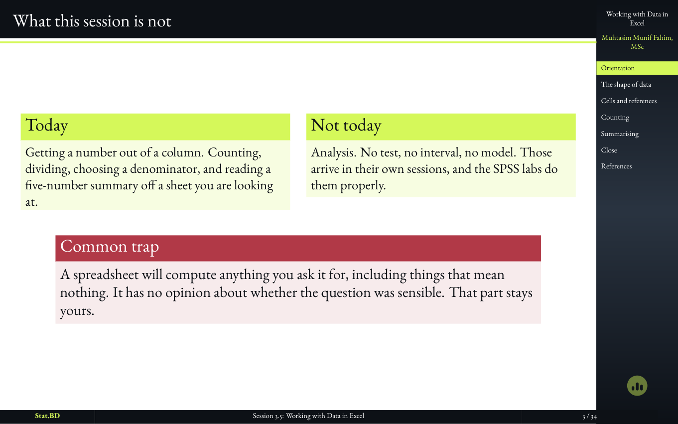 Slide stating what the Excel session is not.