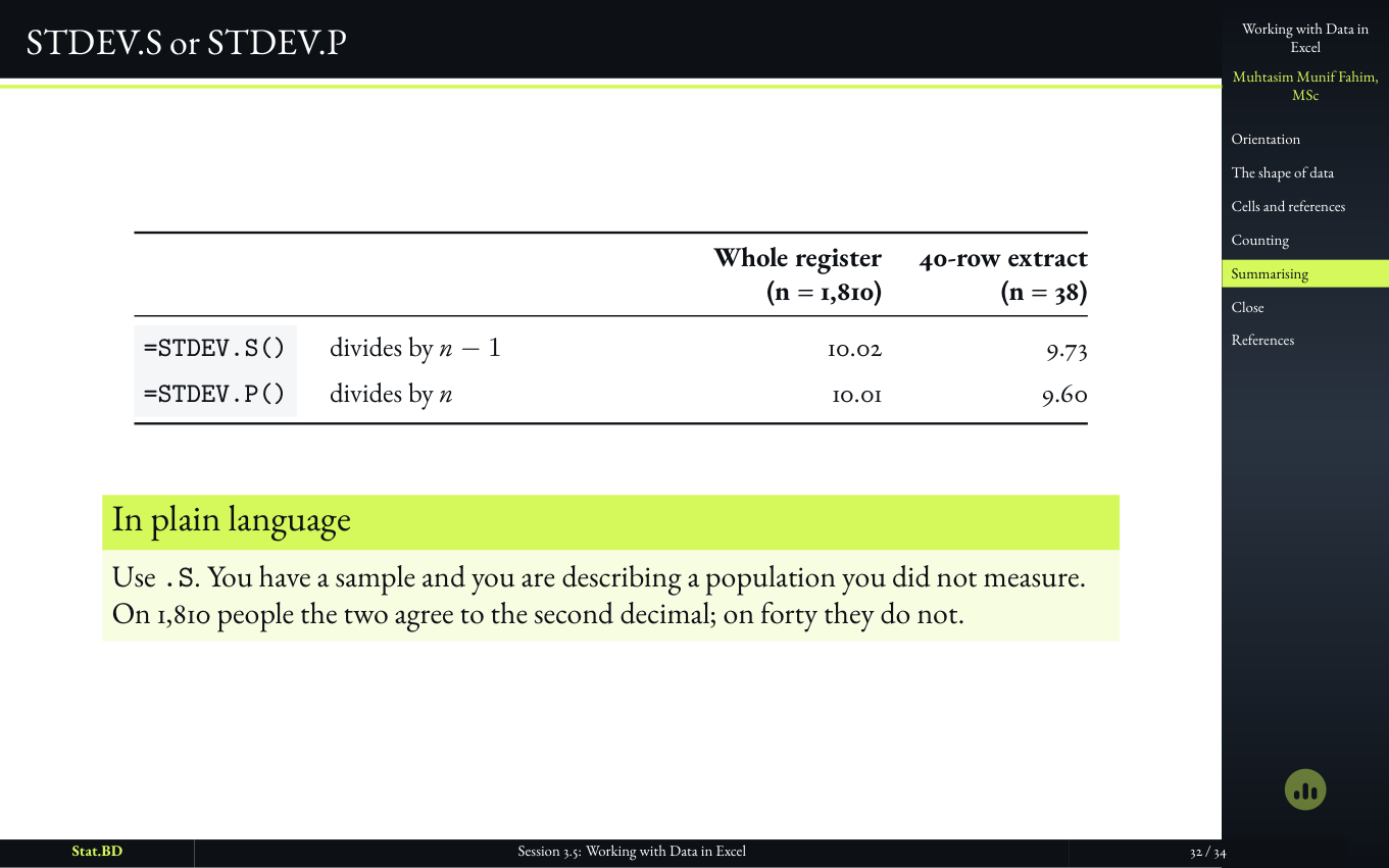 Session 3.5, Act IV · Summarizing a numerical column: STDEV.S or STDEV.P.