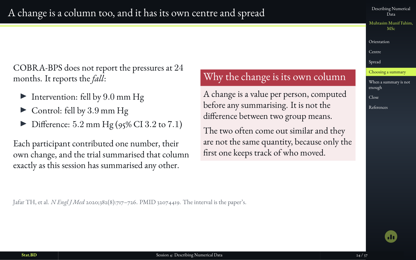 Session 4, Act III · Choosing, and the answer to the puzzle we opened with: A change is a column too, and it has its own center and spread.