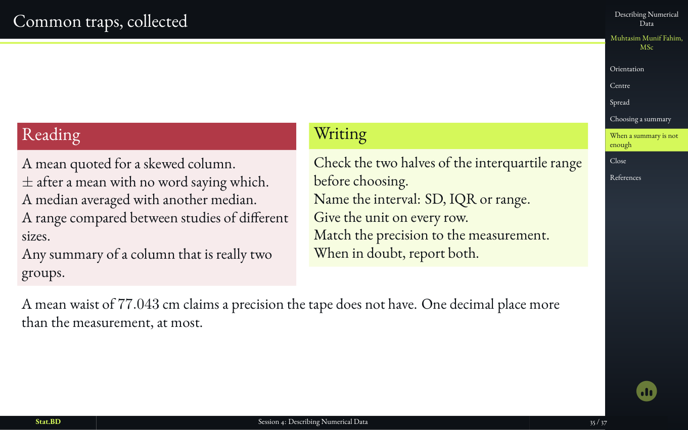 Session 4, Act IV · When one number will not do the job: Common traps, collected.